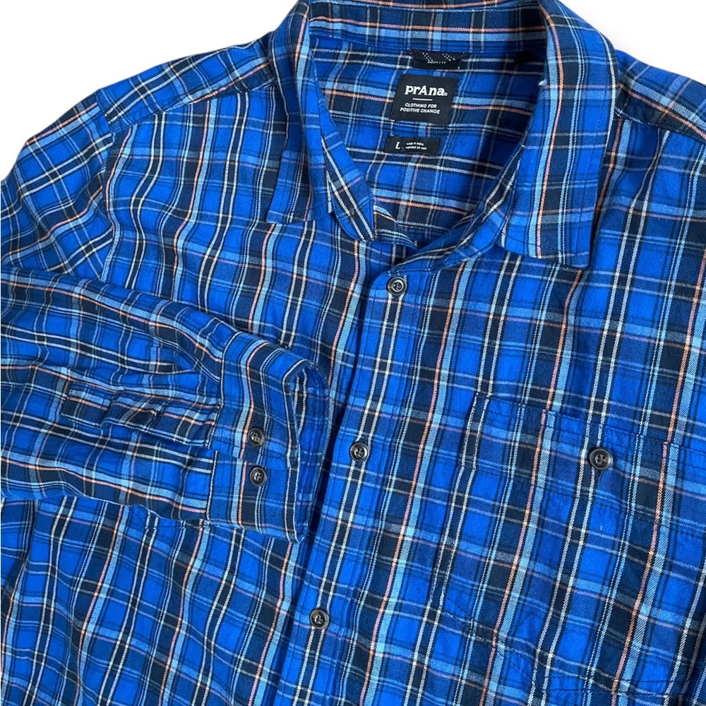 PrAna Flannel Shirt Adult Large Blue Plaid Button‎ Up Front Long Sleeve